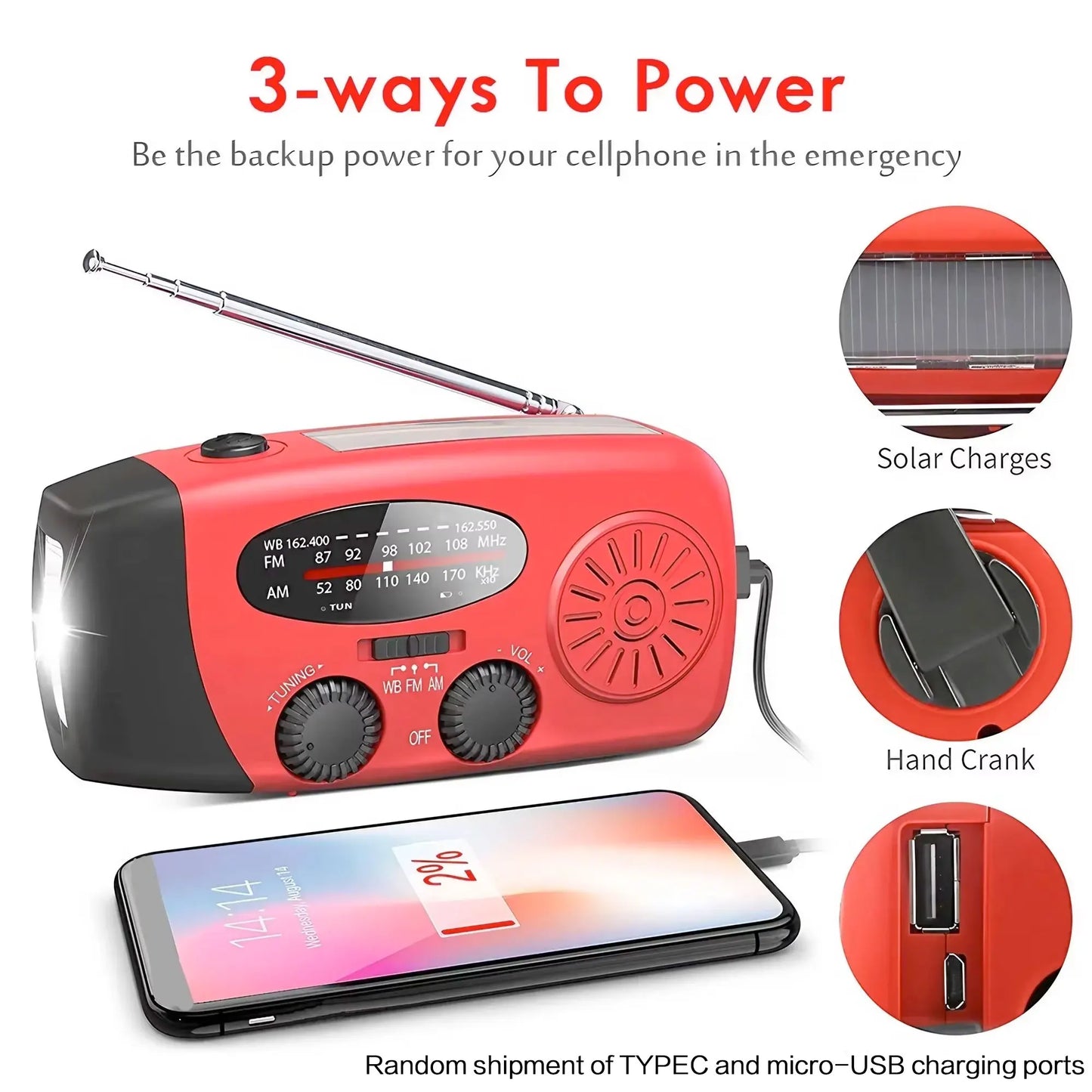 Radio d’urgence multifonction – Solaire, manivelle USB