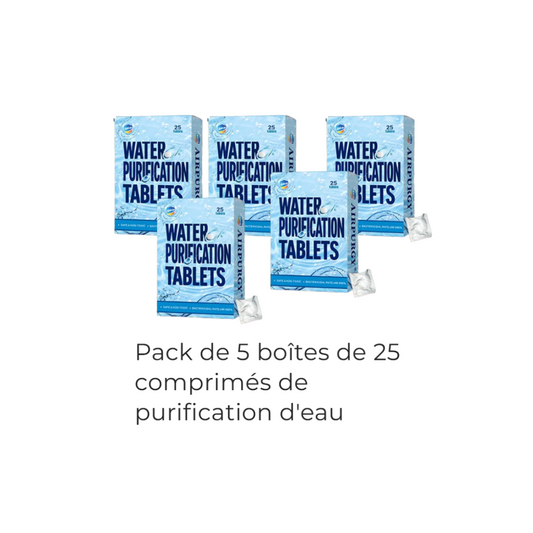 Pack de 5 boîtes de 25 comprimés de purification d'eau